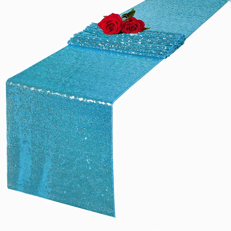 chemin de table mariage paillettes bleu roi