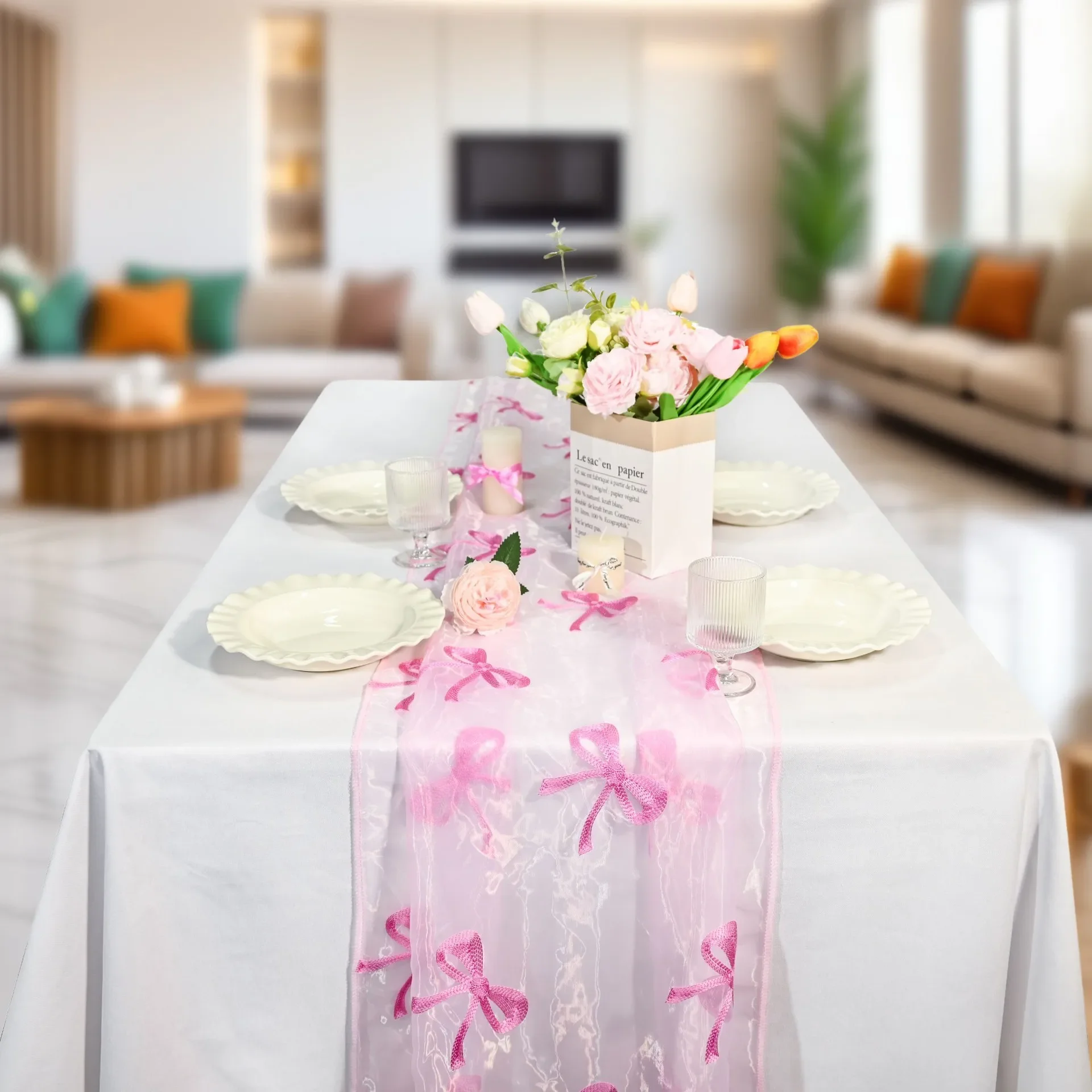 chemin de table en organza rose